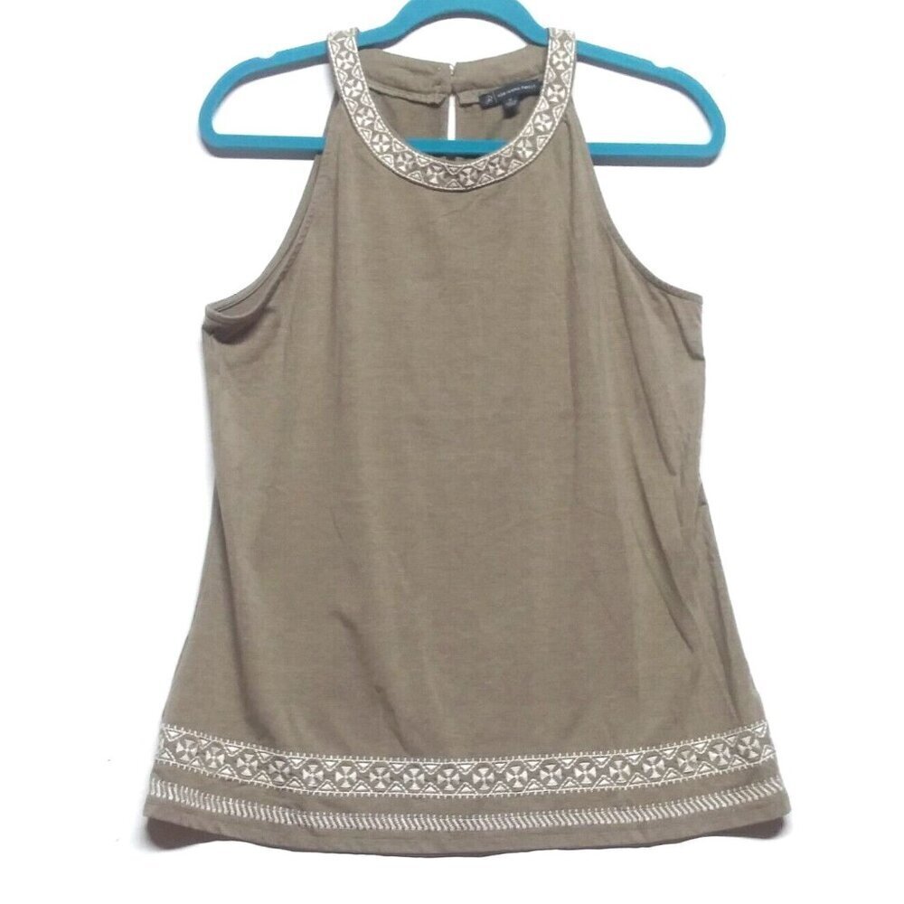Adrianna Papell Sleeveless Top Taupe Tan Size M Halter Embroidered Hem stretch